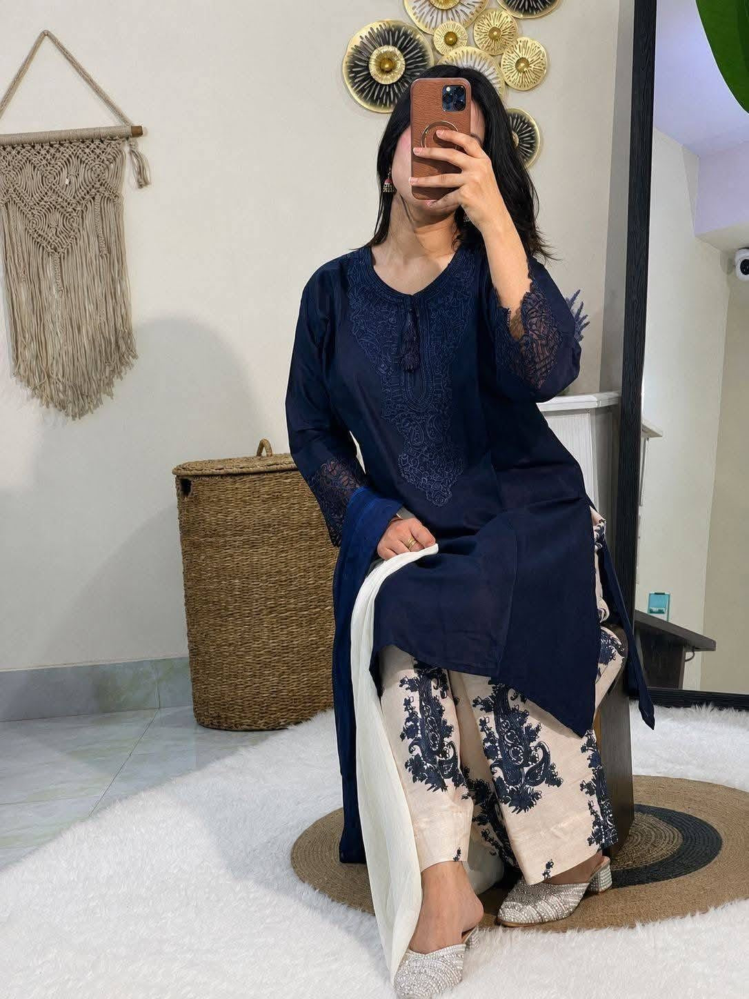 Navy Blue & Printed Trouser 3-Piece Suit