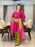 Pink & Olive Green Embroidered 3-Piece Set