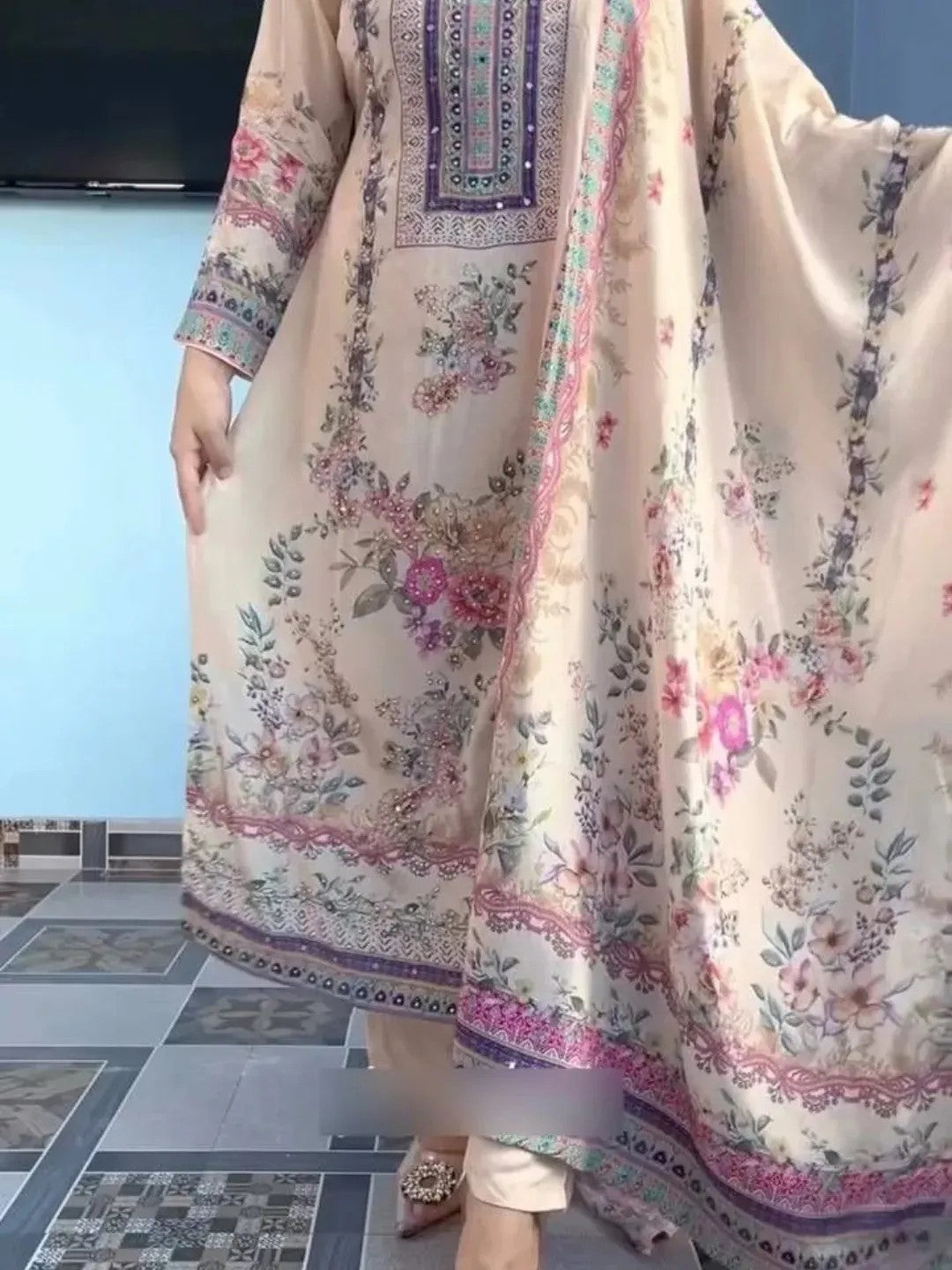 White Printed Three Piece